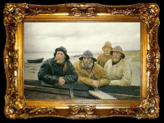 framed  Michael Ancher fire fiskere ved en bad pa skagens strand, ta009-2